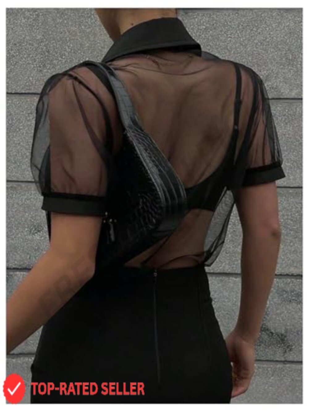 Sheer Mesh Puff Sleeve Crop Button Down Top Y2K Concert Outfit - Picture 2 of 4